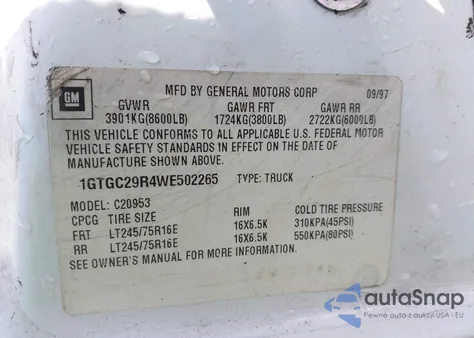 1998 GMC Sierra 2500 Sl из США, поврежденный, VIN 1GTGC29R4WE502265